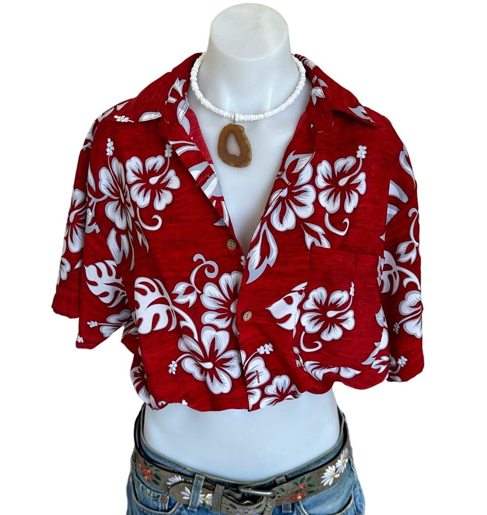Hawaiian Shirt Button Down Crop Top One Size Boxy Coconutgirl Hibiscus Unique